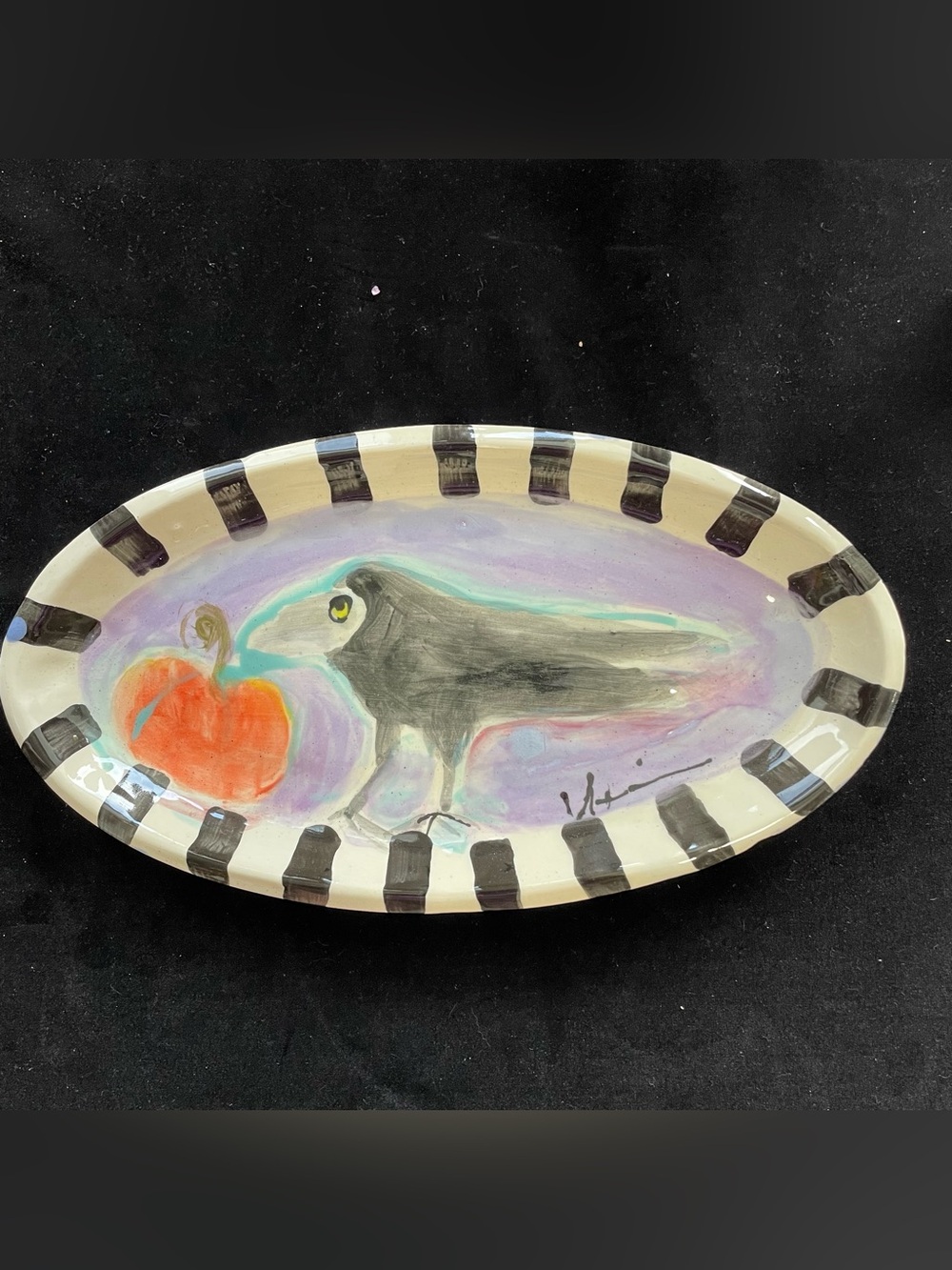 Handmade Ceramic Serving Tray “Crow With Pumpkin On Lavender Original  11”x6”